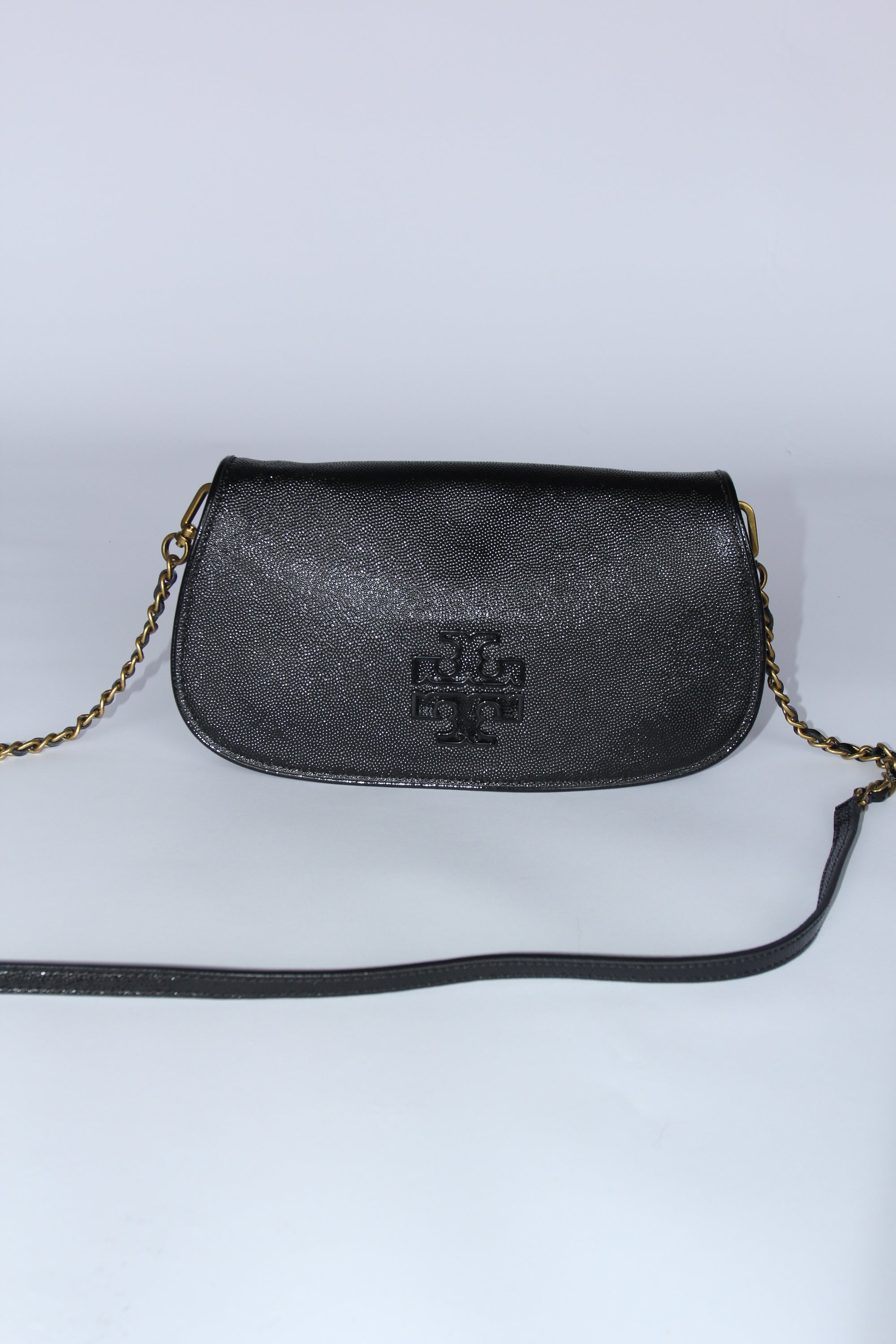 Tory Burch Britten mini black pebbled leather chain crossbody bag with gold hardware