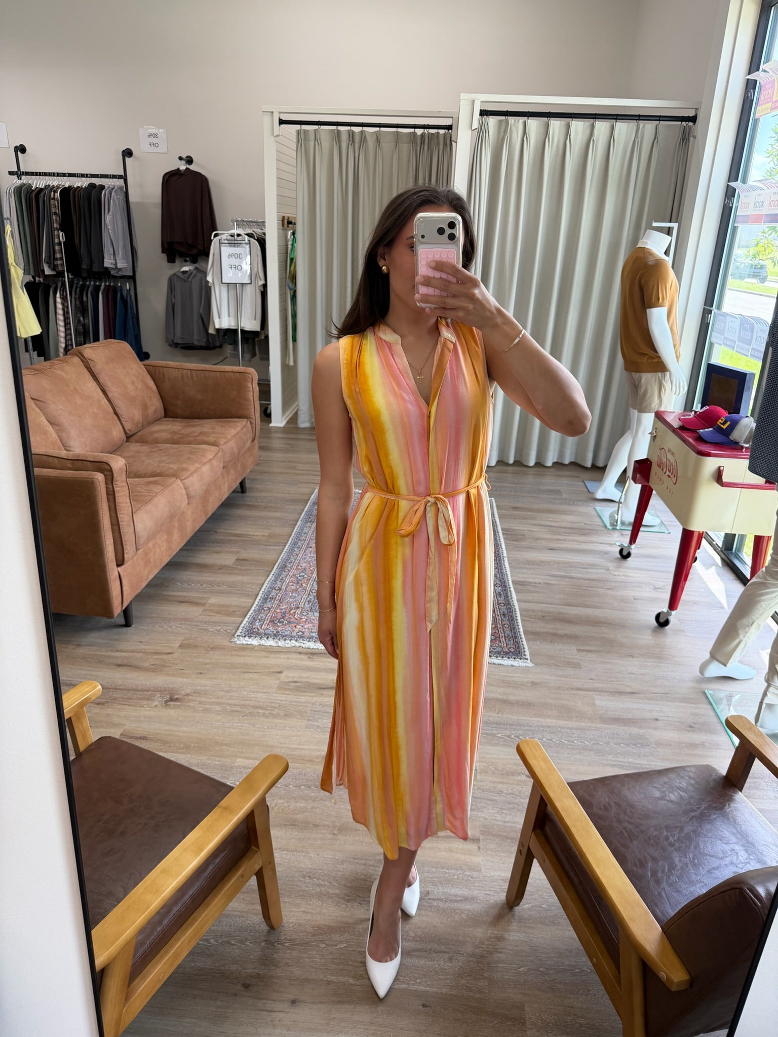 Bella Dahl Sleeveless Pleat Front Midi Dress in Sunset Stripes