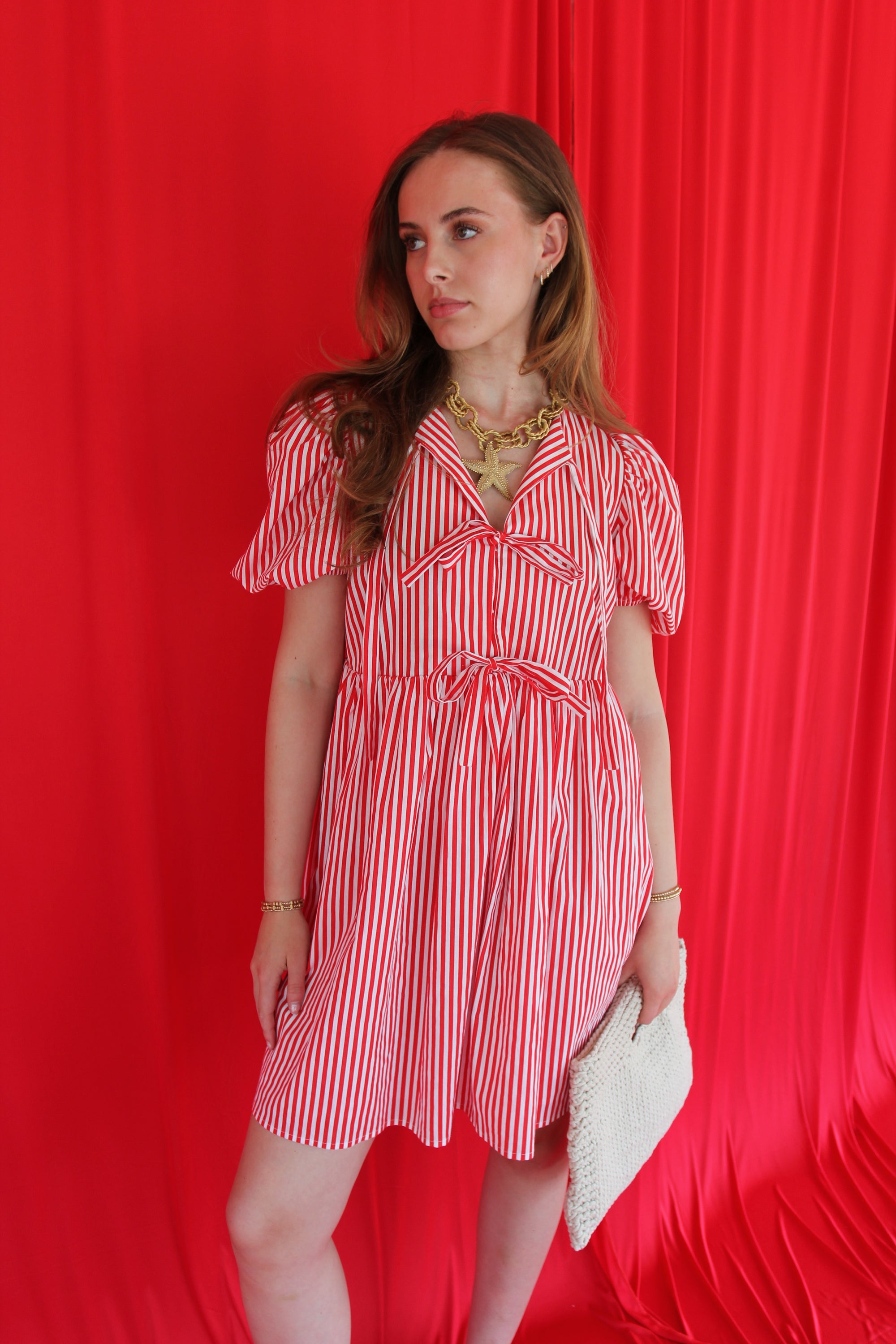 English Factory Red + White Stripe Bow Dress