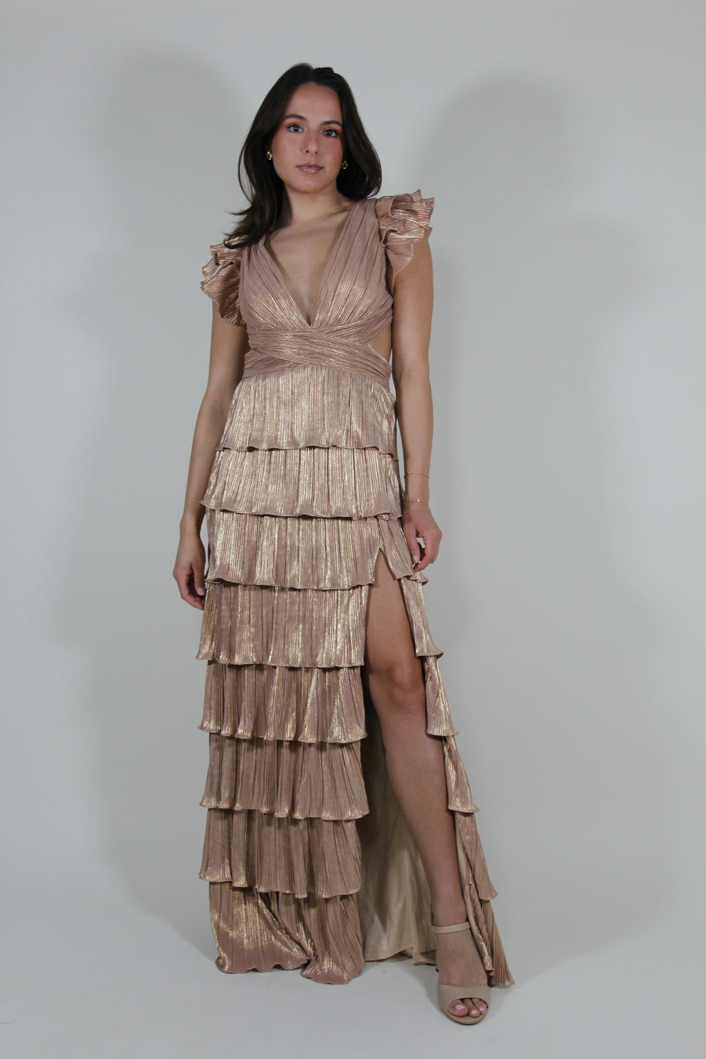 Mac Duggal Gold Ruffle Tiered Criss Cross Lace Up Gown
