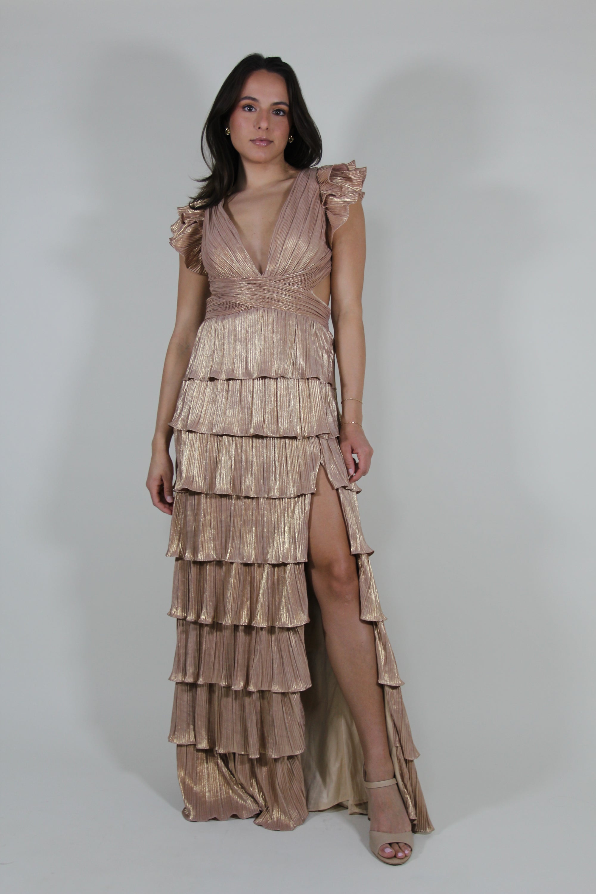 Mac Duggal Gold Ruffle Tiered Criss Cross Lace Up Gown