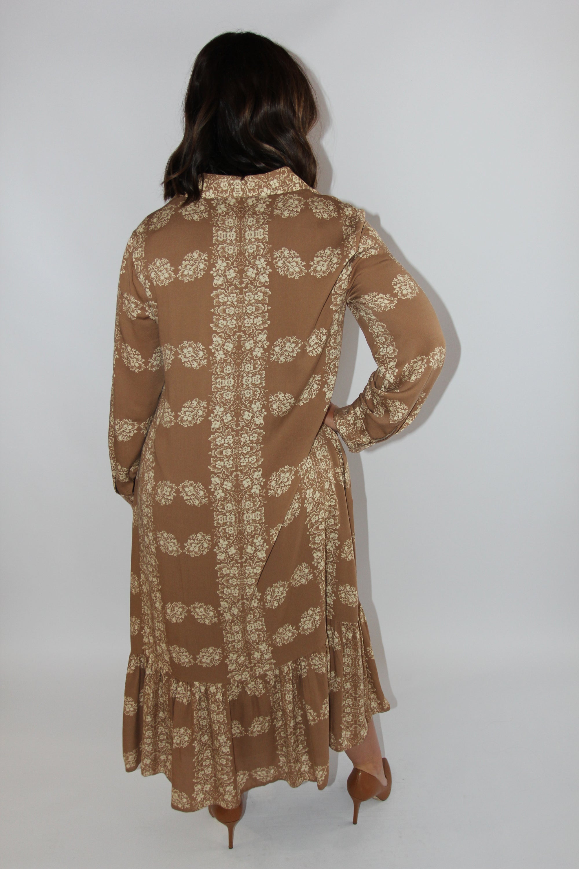 Hyacinth House Tan Floral Miller Maxi Shirt Dress
