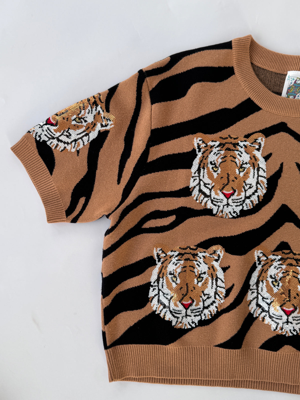 QOS Tiger Stripe Short Sleeve Sweater