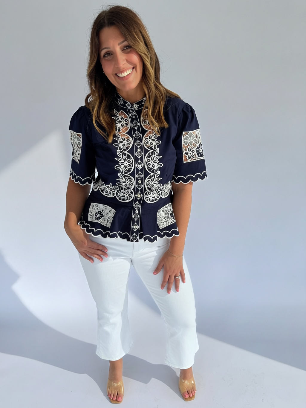 Love The Label Elizabeth Top in Navy w/ Ivory Embroidery