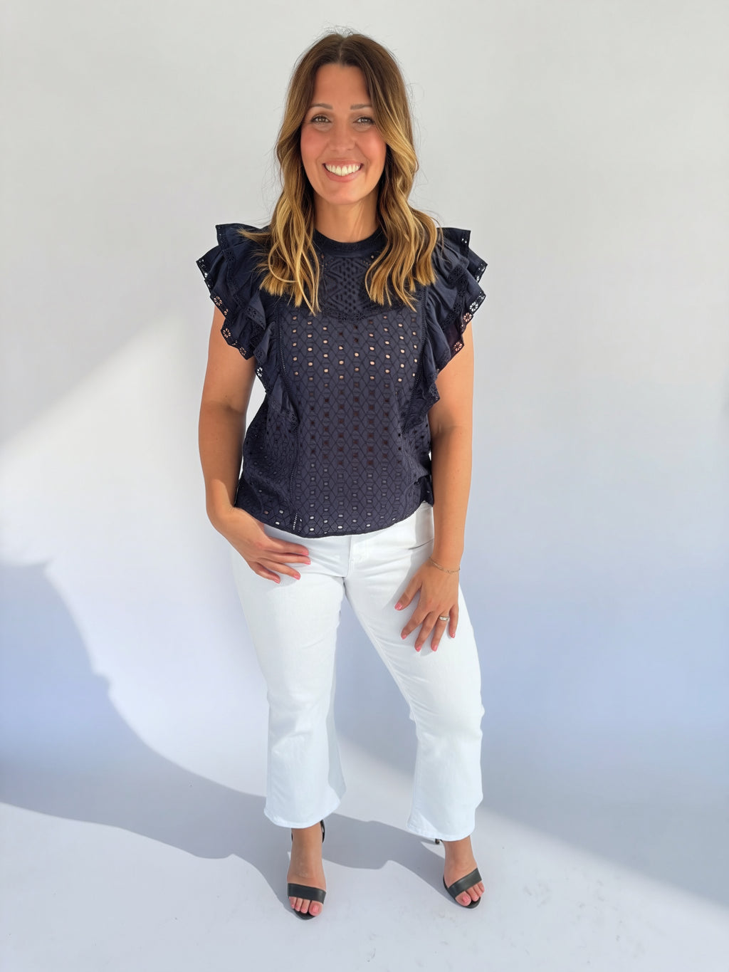 Veronica Beard Navy Eyelet Jie Top