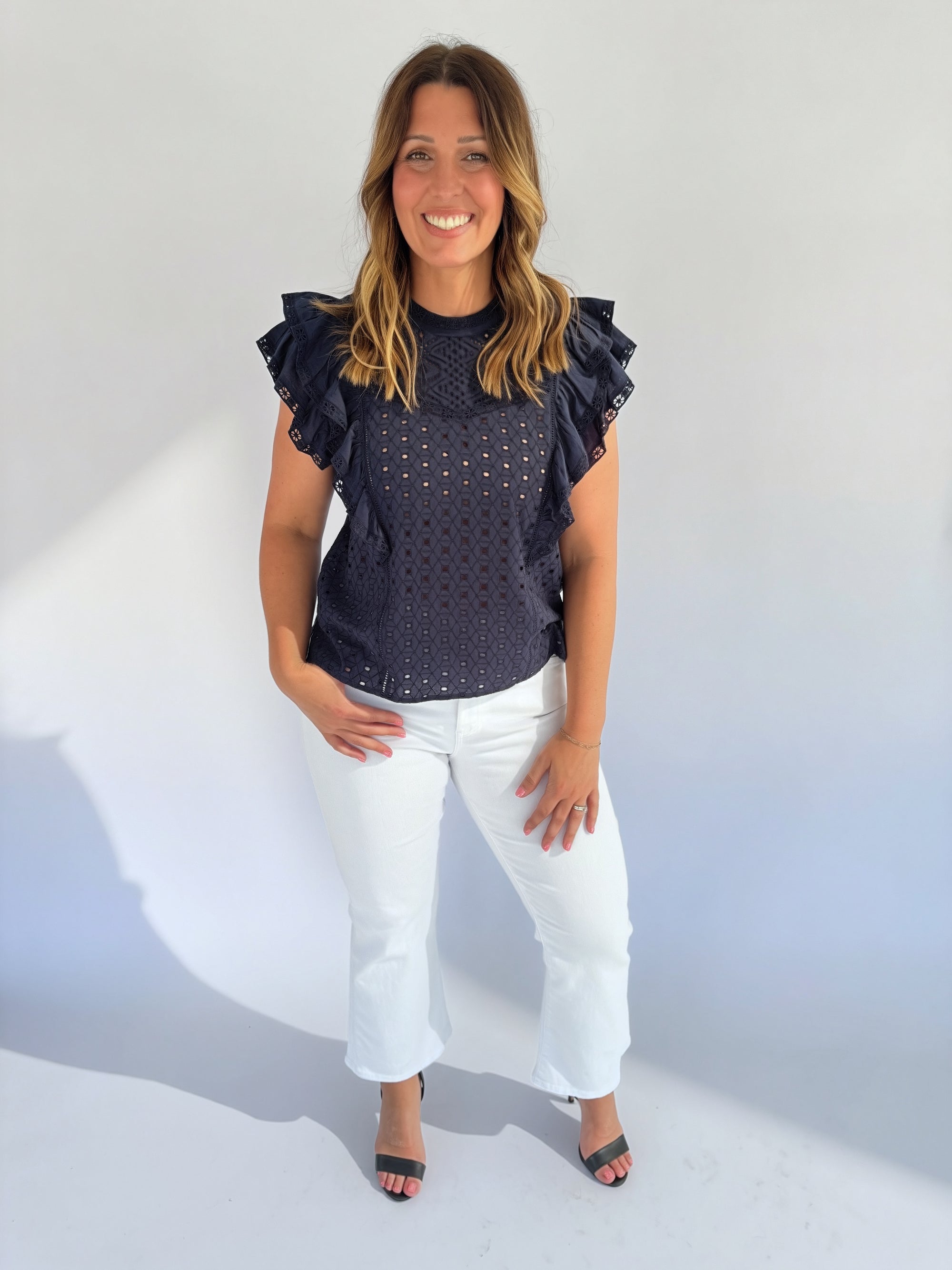 Veronica Beard Navy Eyelet Jie Top