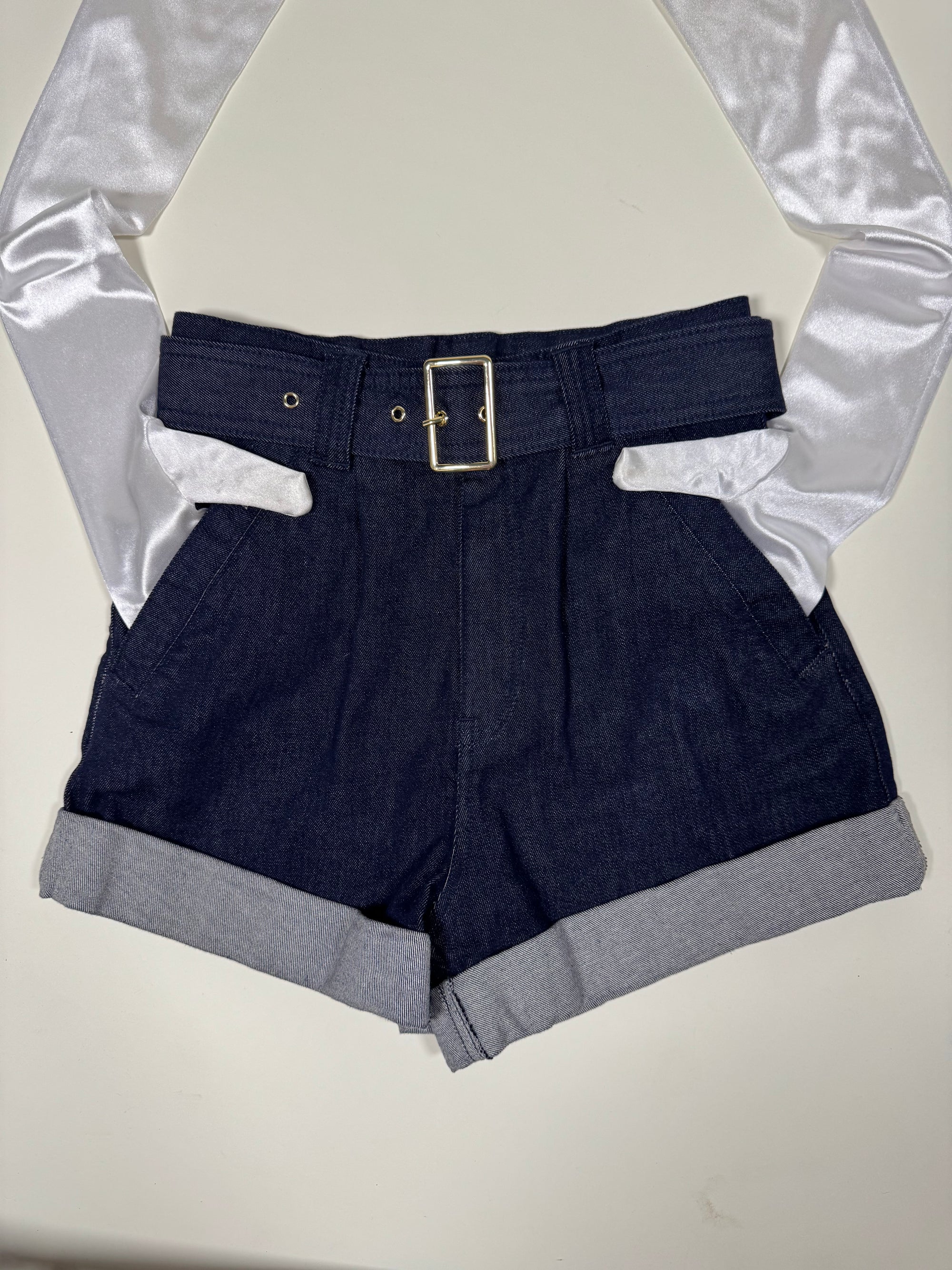 Belted denim shorts