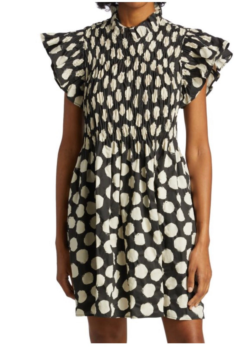 SEA Arline Polka Dot-Print Smocked Mini Dress