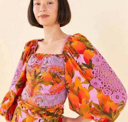 Farm Rio Mango Macaws Smocked Puff-Sleeve Blouse
