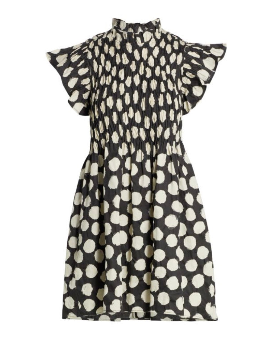 SEA Arline Polka Dot-Print Smocked Mini Dress