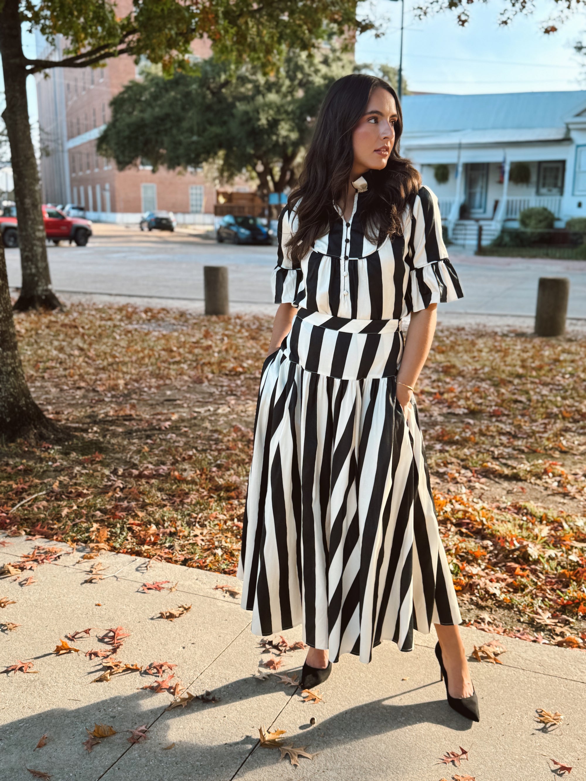 S’edge Black + White Striped Midi Skirt