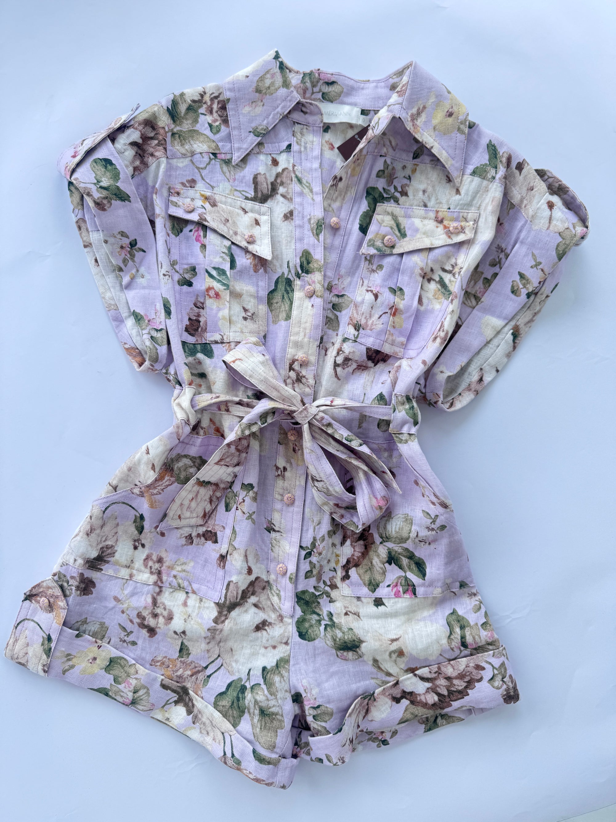 Zimmermann Acacia Belted Floral-Print Linen Playsuit