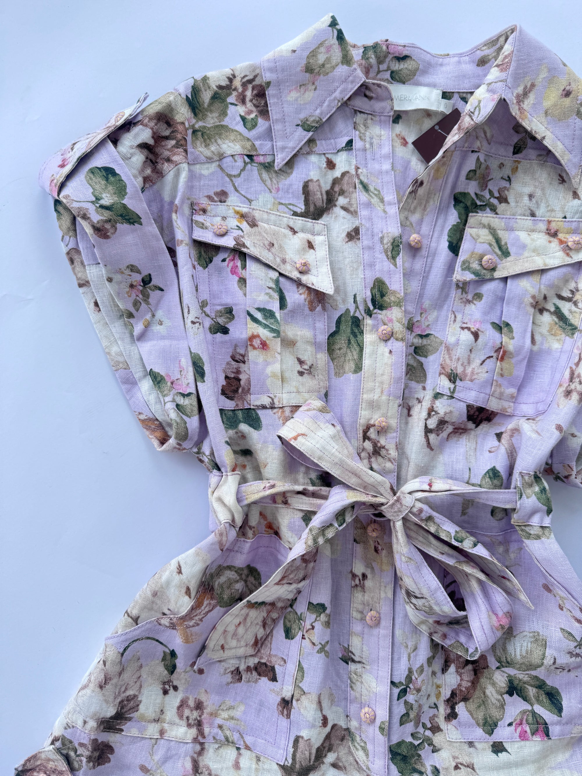Zimmermann Acacia Belted Floral-Print Linen Playsuit