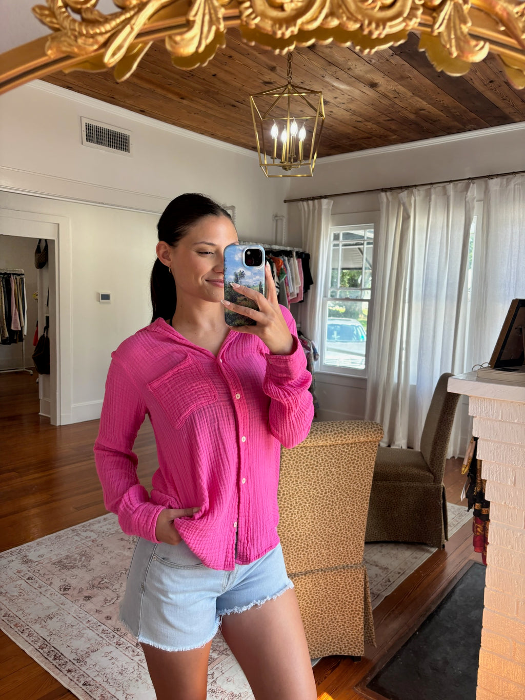 Felicity Pink Gauze Button Up Top