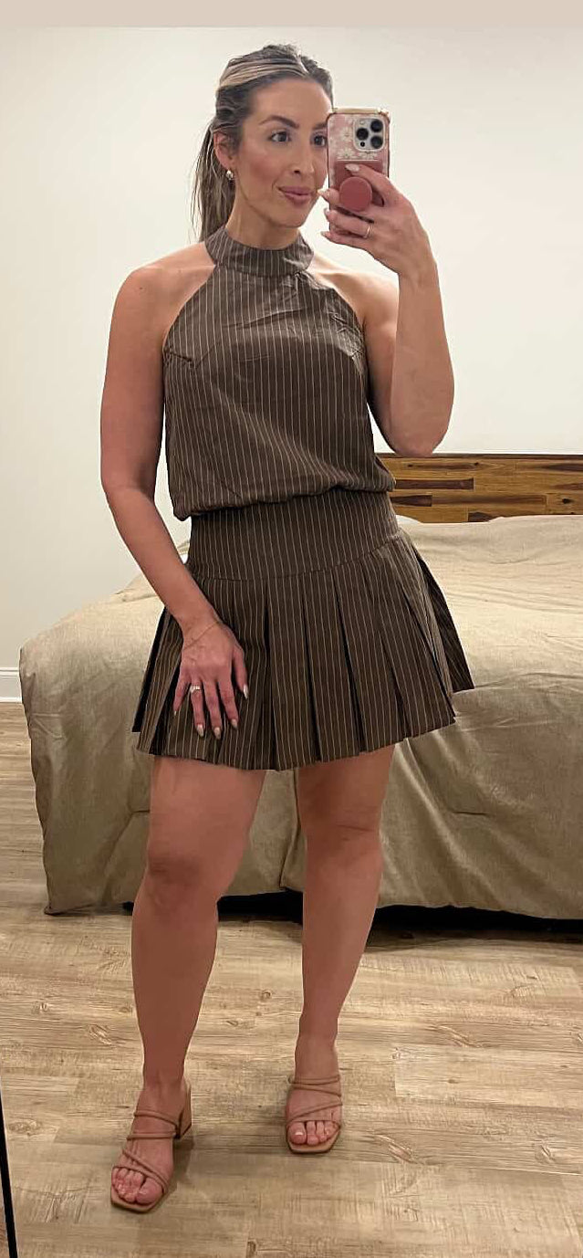 Brown Pinstripe Halter Dress