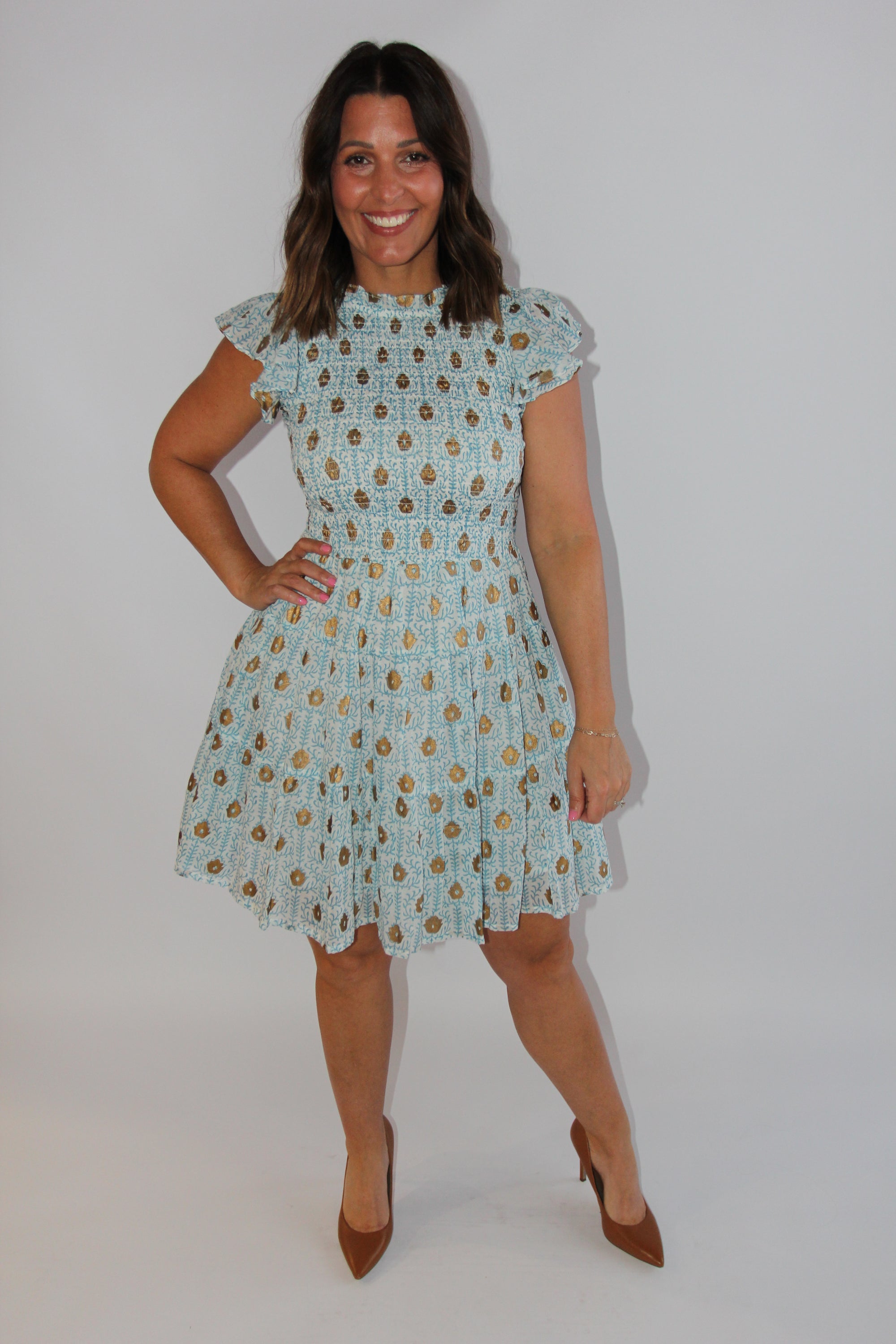 Oliphant Blue Smocked Floral Flirty Mini Dress