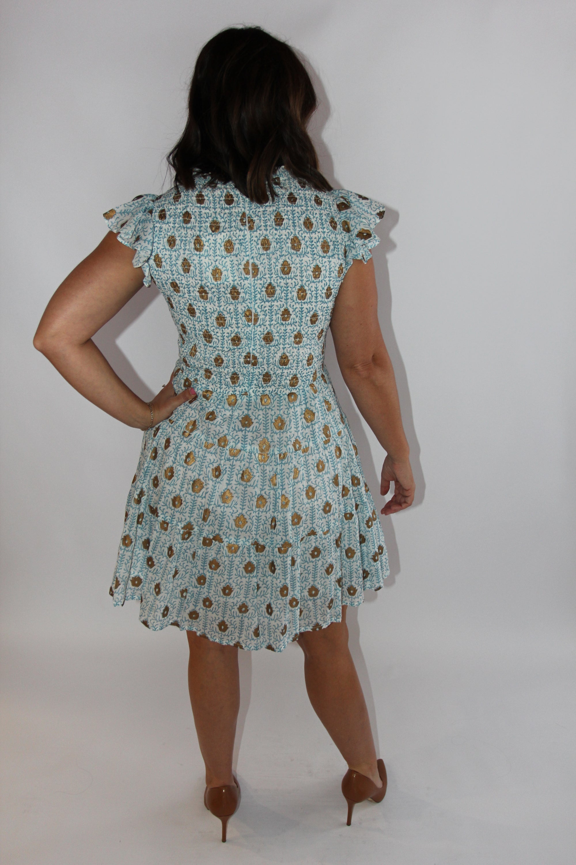 Oliphant Blue Smocked Floral Flirty Mini Dress