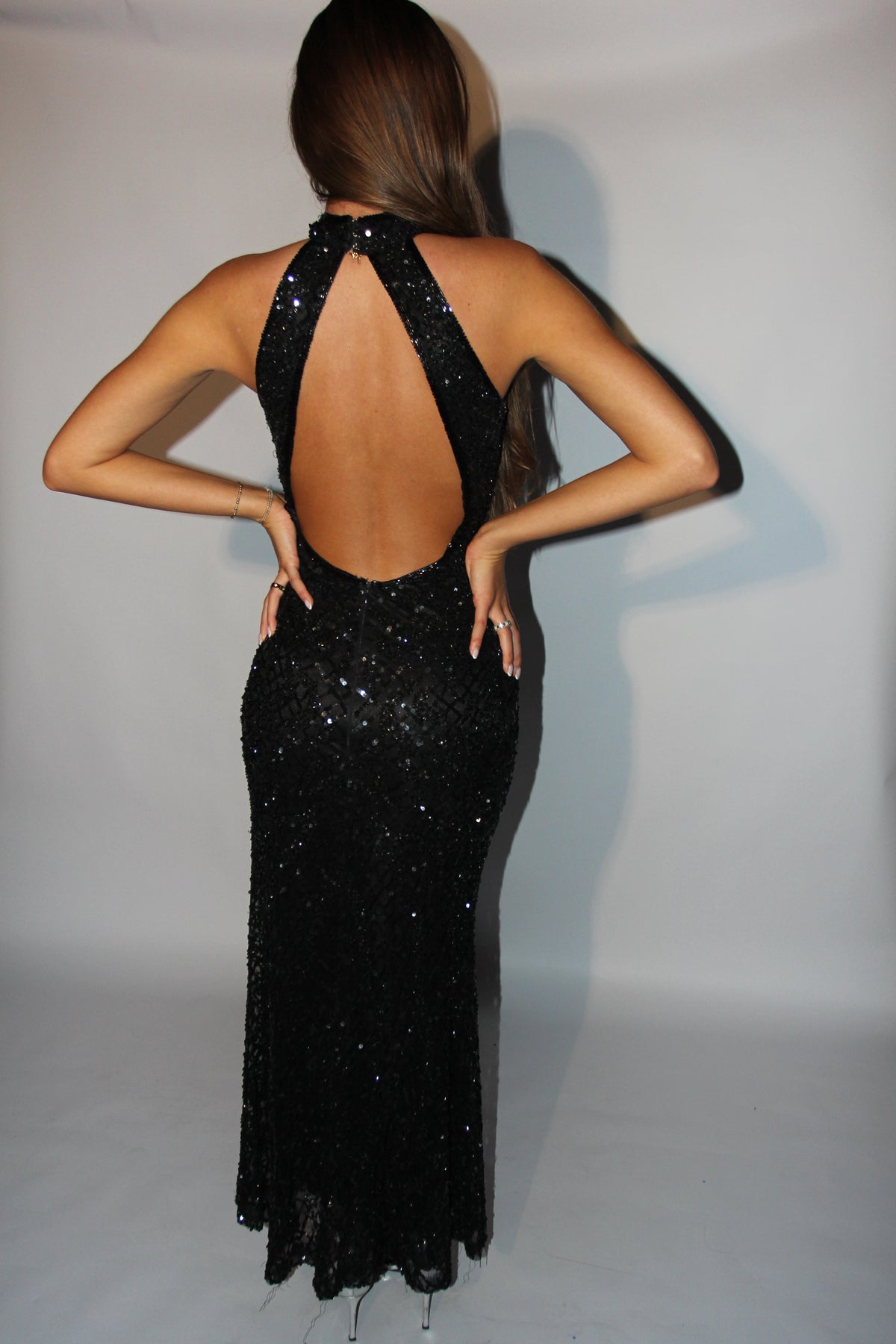 Mac Duggal Open Back Black Sequin Gown
