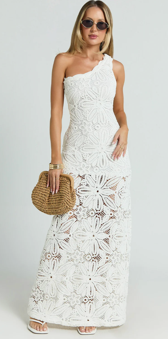 Charlene Maxi Dress-Crochet Knitted
One Shoulder Maxi Dress in White