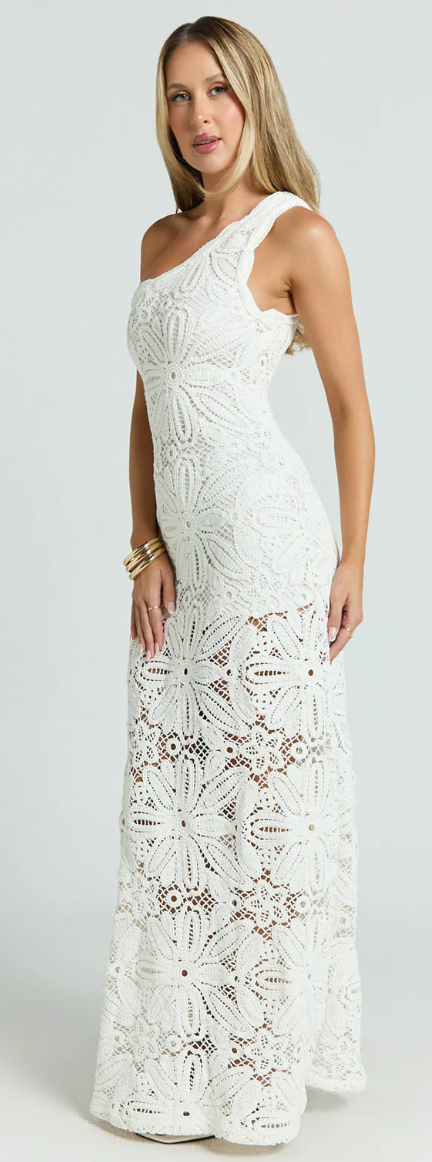 Charlene Maxi Dress-Crochet Knitted
One Shoulder Maxi Dress in White