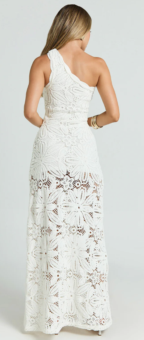 Charlene Maxi Dress-Crochet Knitted
One Shoulder Maxi Dress in White