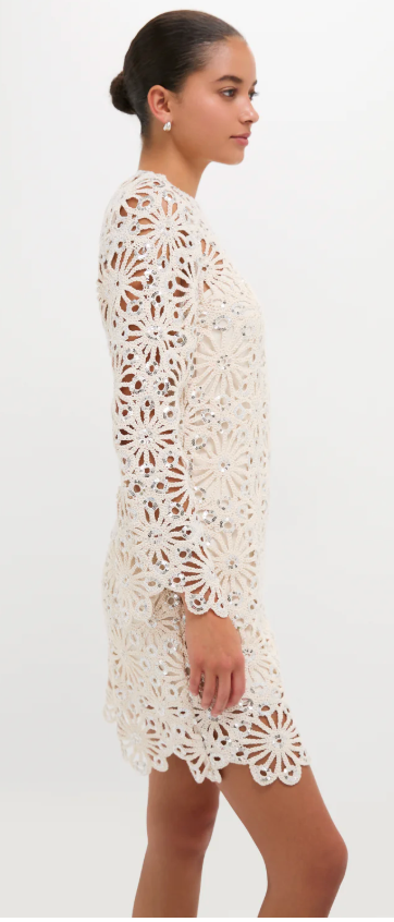 Hyacinth House- Beige Sequined Crochet Carrie Mini Dress