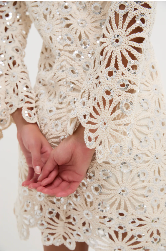 Hyacinth House- Beige Sequined Crochet Carrie Mini Dress