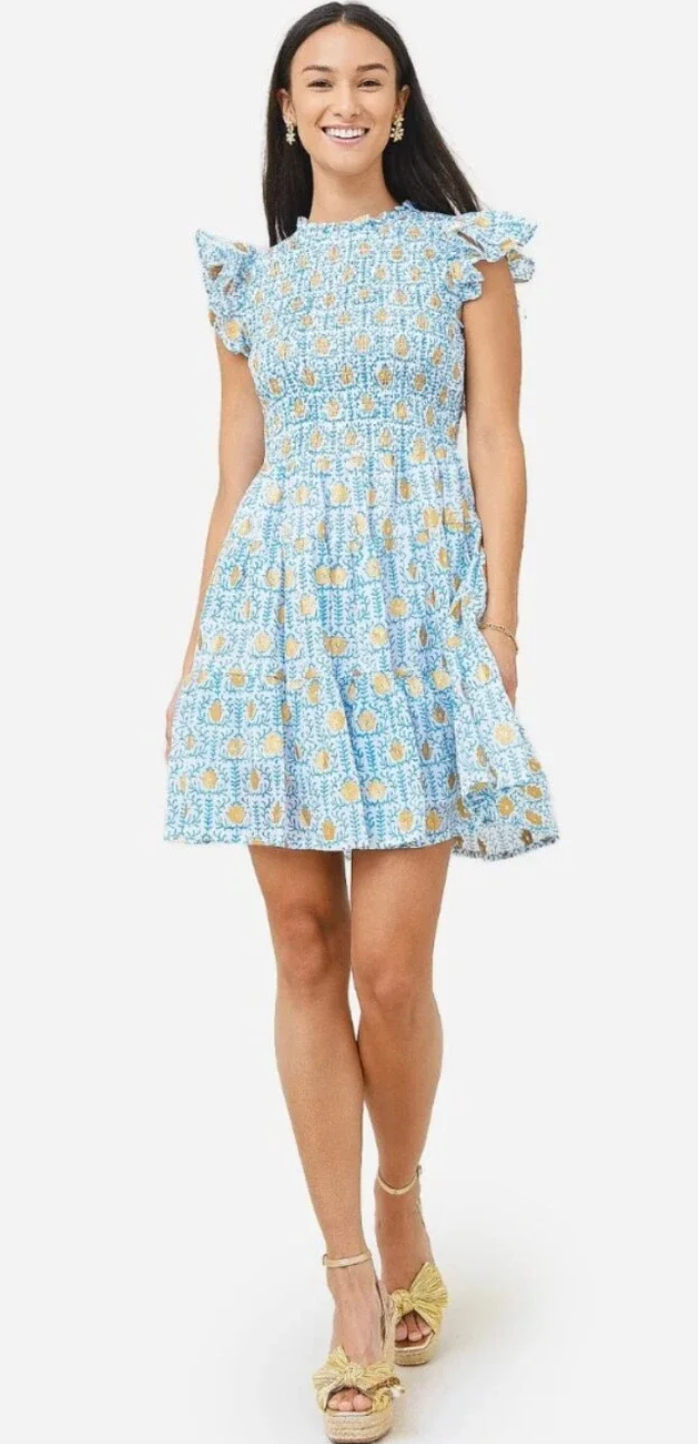 Oliphant Blue Smocked Floral Flirty Mini Dress