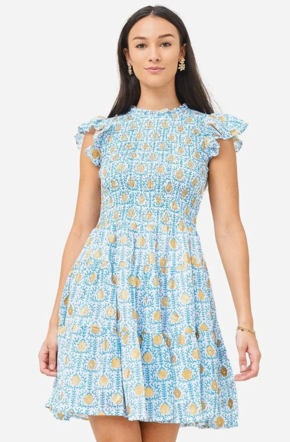 Oliphant Blue Smocked Floral Flirty Mini Dress