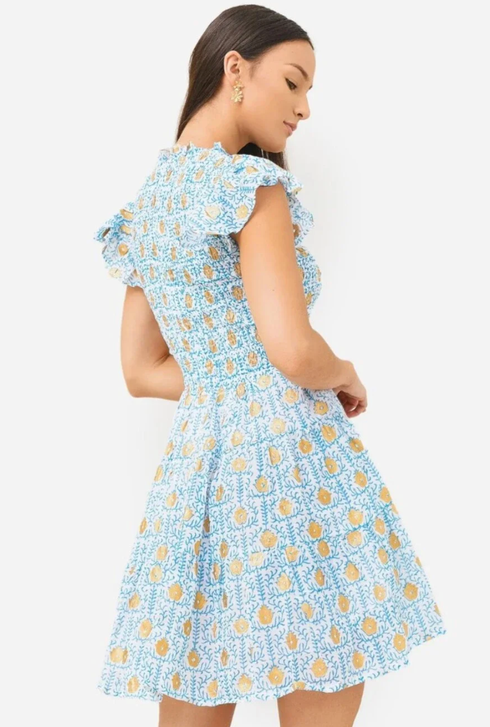 Oliphant Blue Smocked Floral Flirty Mini Dress