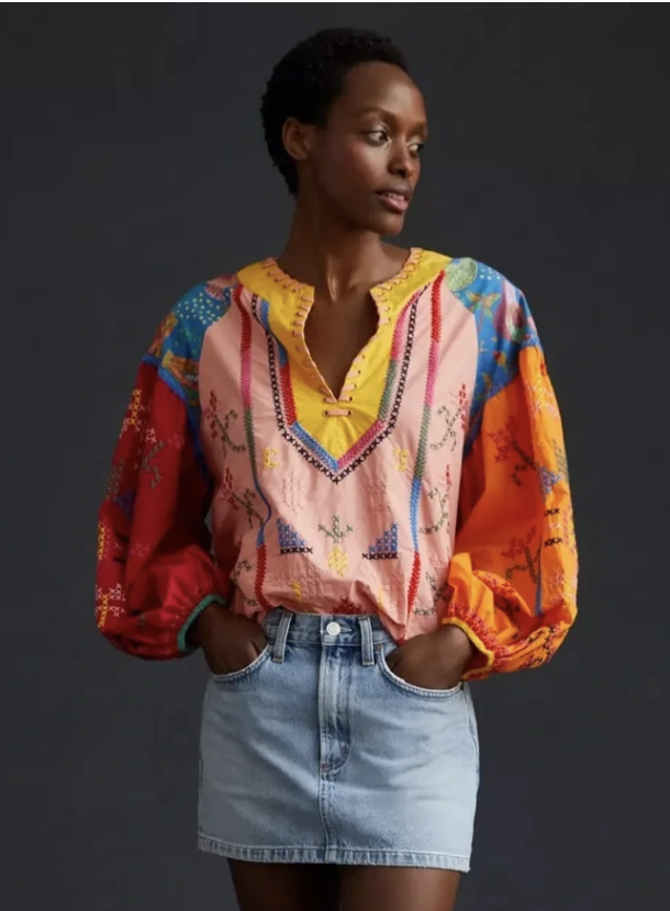Farm Rio Embroidered Colorblock Blouse