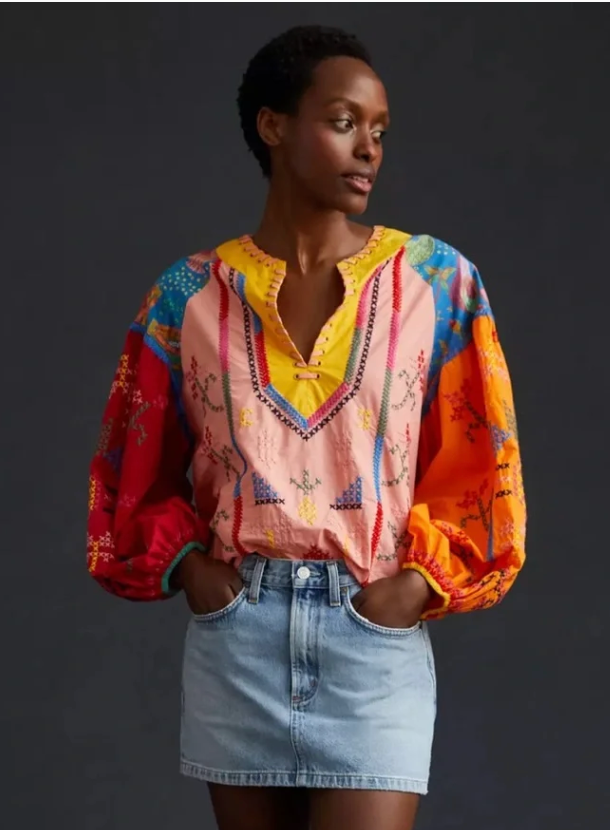 Farm Rio Embroidered Colorblock Blouse